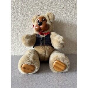 Robert Raikes Applause 10” Teddy Bear Wood Face Plaid Vest Red Bow Vintage Plush